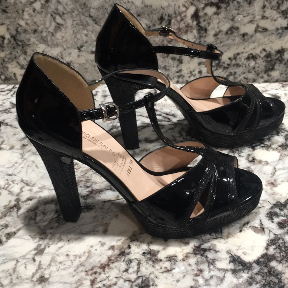 Black strap open toe leather Heels